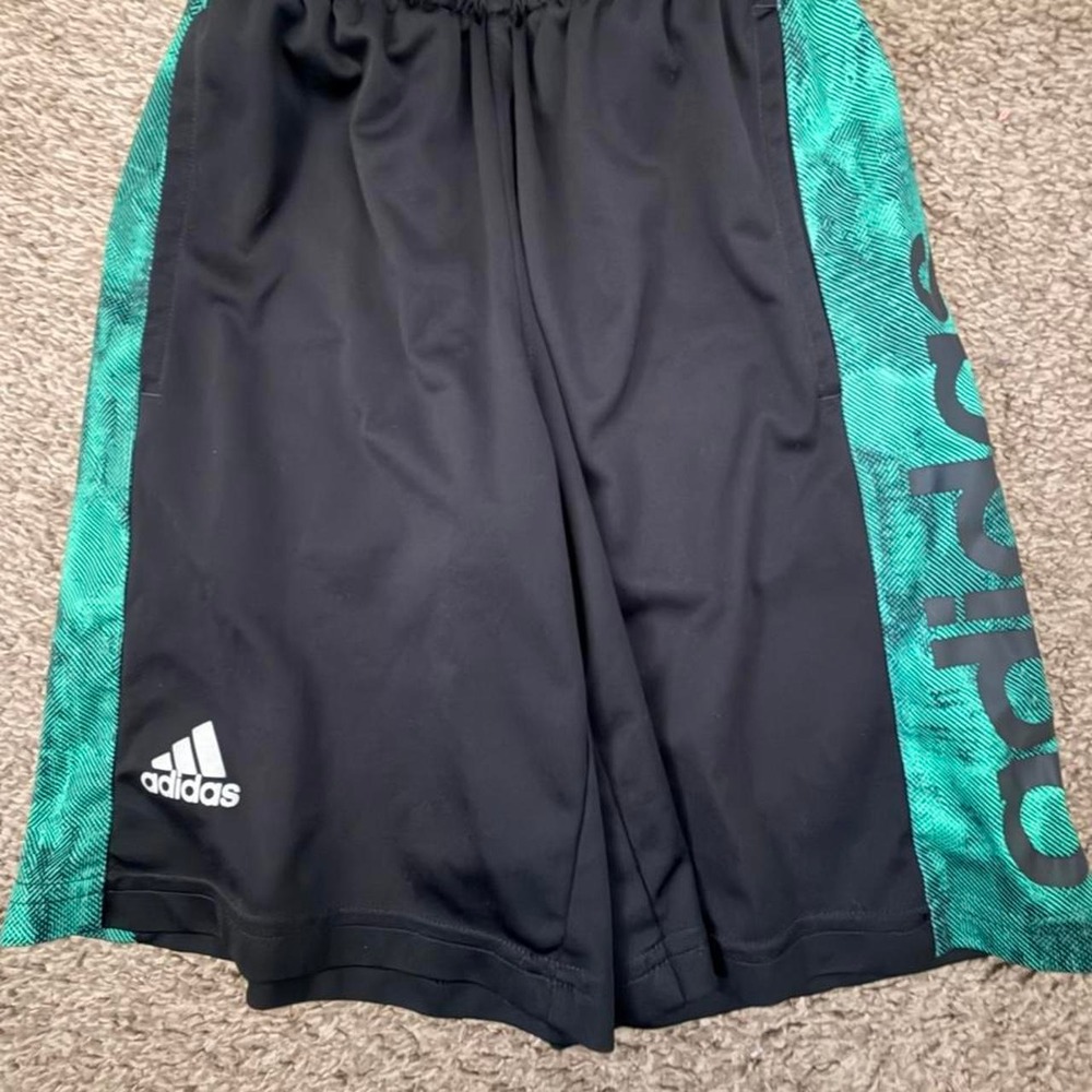 Adidas Boys Athletic Shorts Black Teal Green Graphic Logo Size Small 8